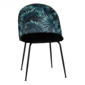 Chaise ELOA en tissu bleu imprimé de feuilles