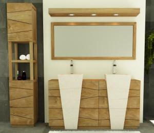 Meuble de salle de bain Rhodes Vasque blanche L160 en teck - 3 PORTES